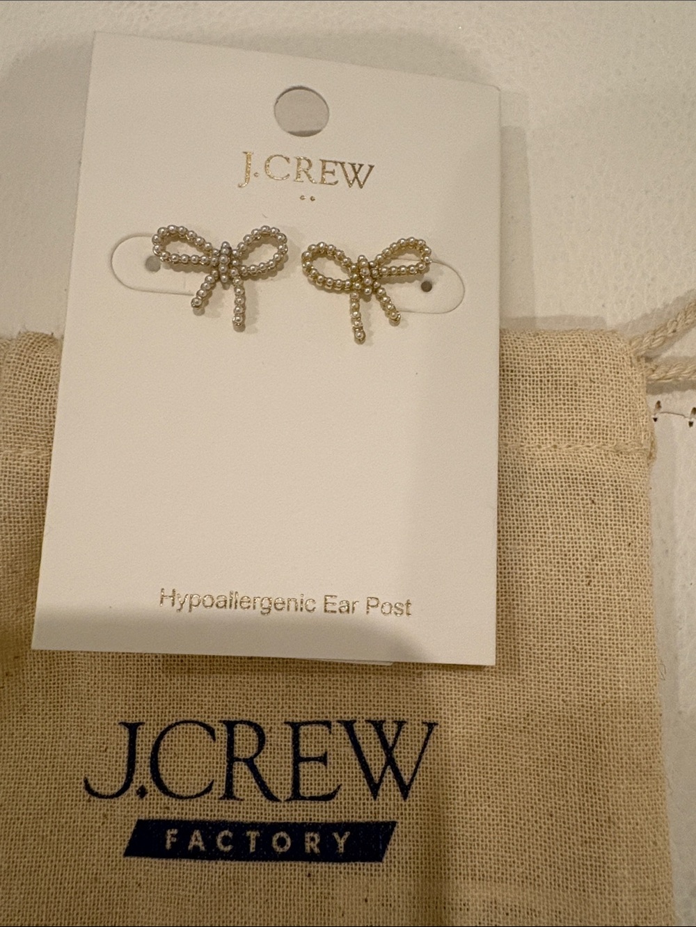NWT J. Crew Gold Bow Stud Earrings with Beaded Detail with Pouch
